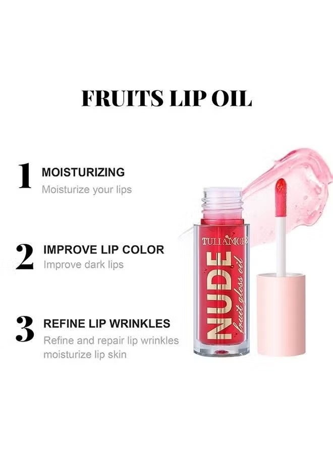 NUDE Hydrating Lip Glow Oil Plumping Lip Tint, Hydrating Lip Gloss Tinted Lip Balm Transparent Lip Care, Long Lasting Moisturizing Non-sticky Fresh Shiny Texture Lip Oil - Strawberry - Image 4
